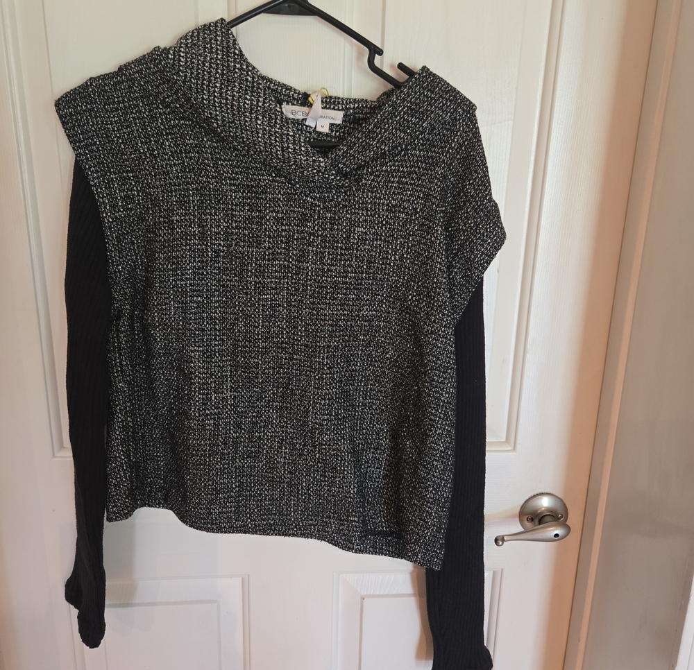 BCBGeneration Black & Gray Knit Hooded Pullover Sweater